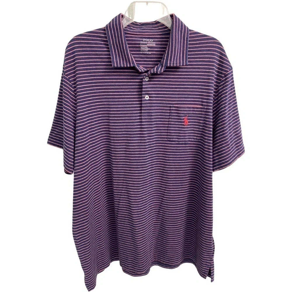 Polo Ralph Lauren Men’s Navy Pink Striped Performance Classic Fit Polo Shirt XL